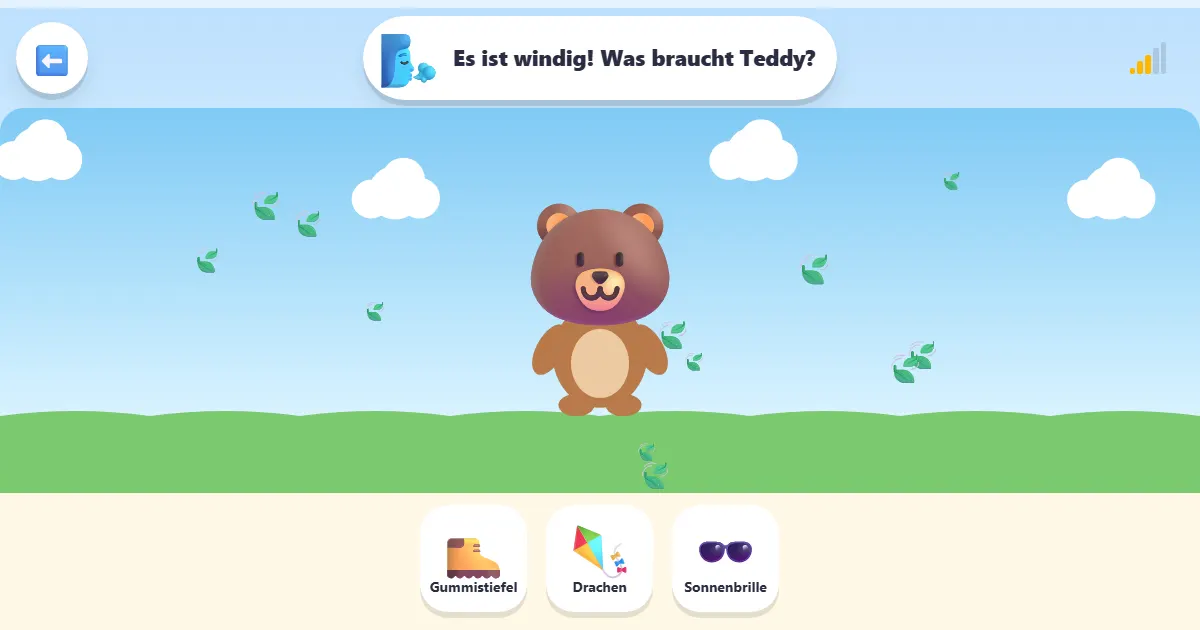 Screenshot von Zieh Teddy an: ein Wetterspiel, in dem Teddy für jedes Wetter bereit wird