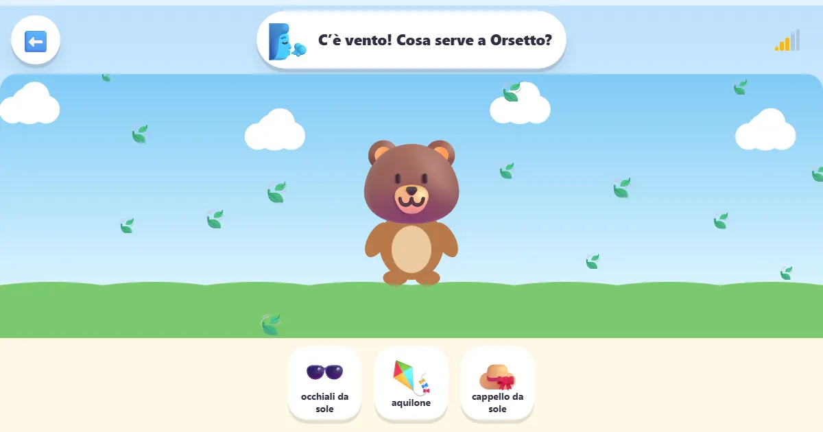 Schermata di Vesti Orsetto: un gioco sul meteo in cui Orsetto si prepara per ogni tempo