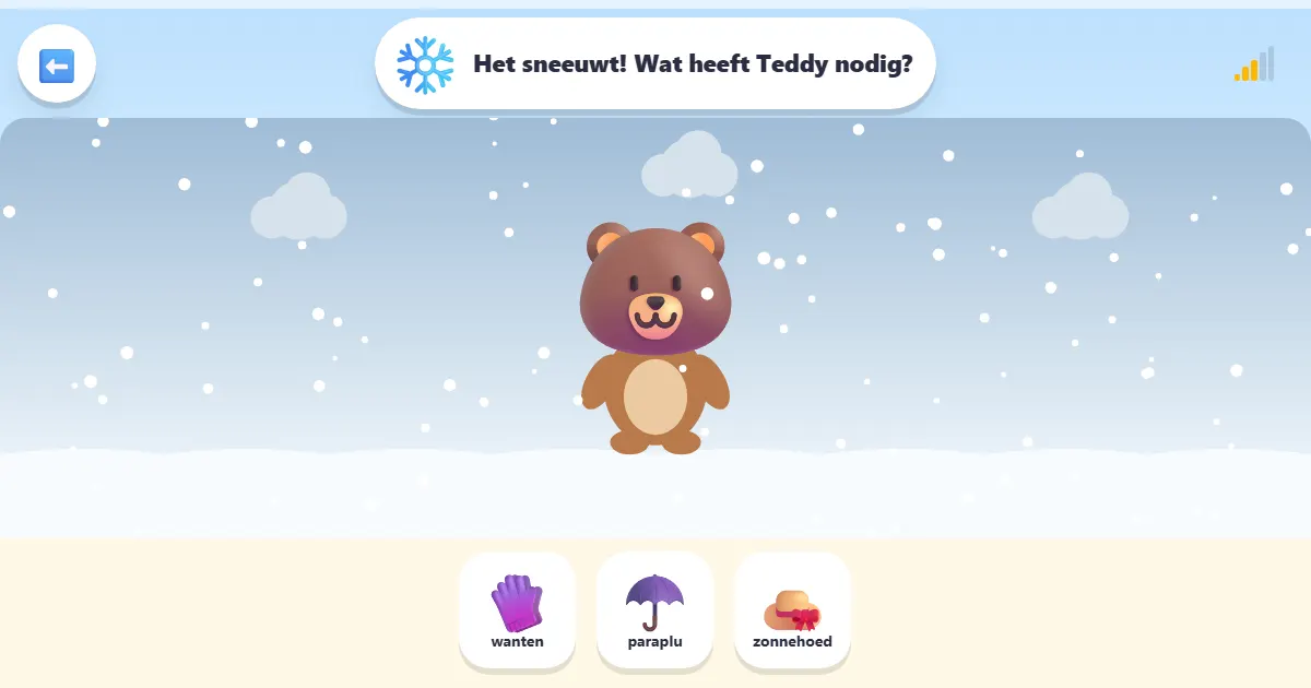 Screenshot van Kleed Teddy aan: een weerspel waarin Teddy klaar wordt voor elk weer