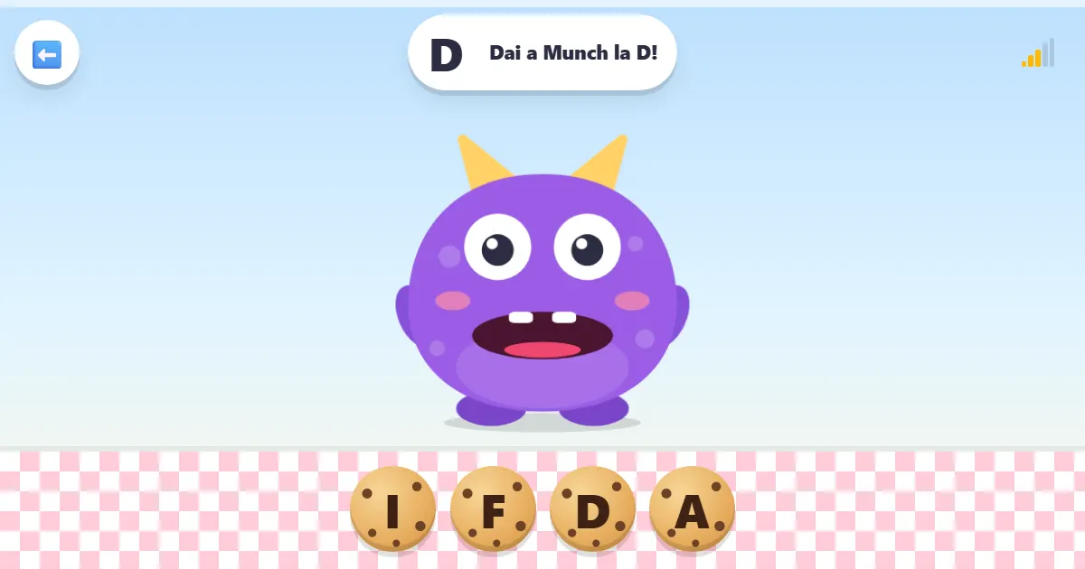 Schermata di Munch mangia le lettere: un gioco dell’alfabeto con un mostriciattolo goloso