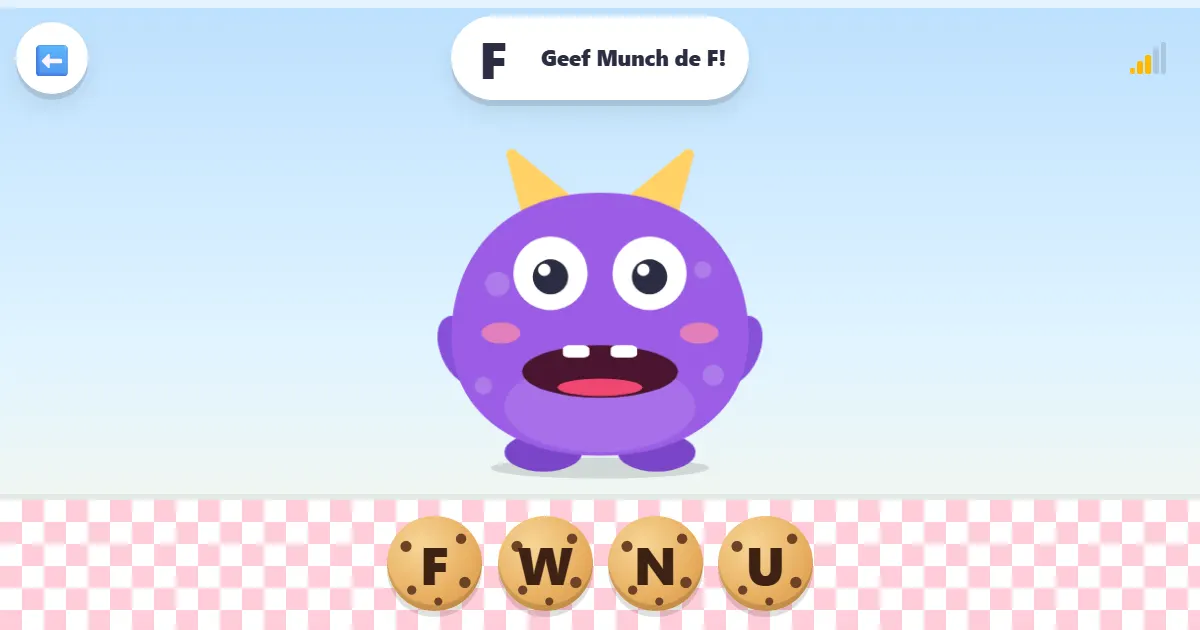 Screenshot van Munch smikkelt letters: een alfabetspel met een hongerig monster
