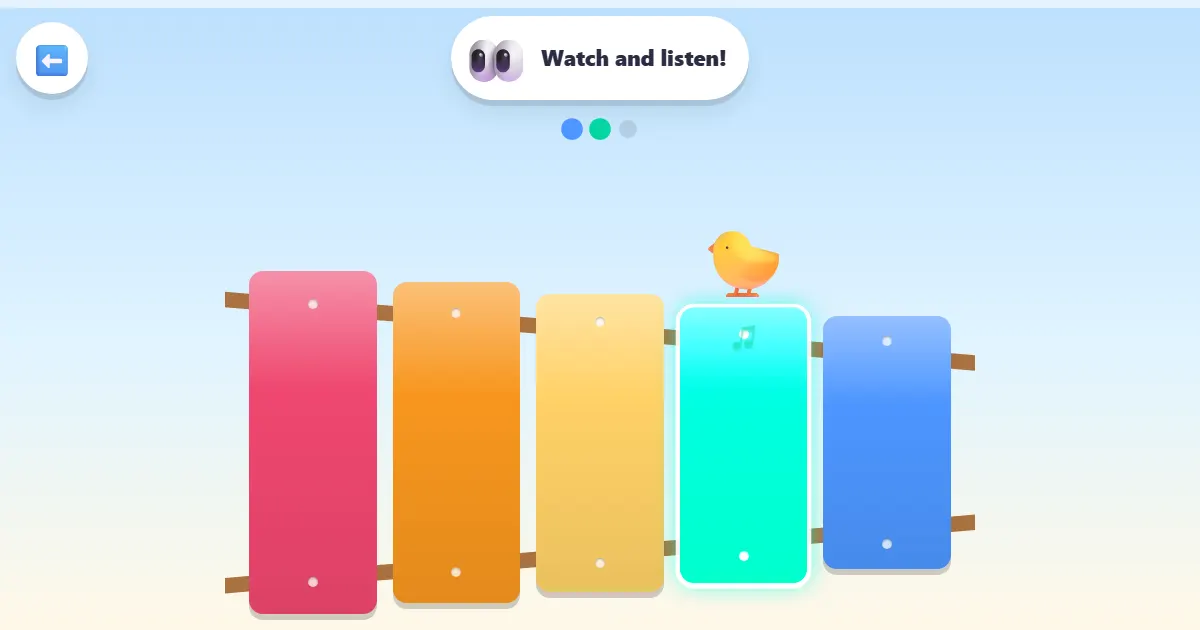 Screenshot of Tweet Tunes, a copy-the-tune game on a rainbow xylophone