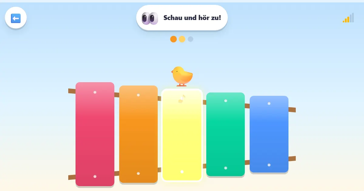 Screenshot von Kükens Melodien: ein Spiel zum Nachspielen von Melodien auf einem Regenbogen-Xylophon
