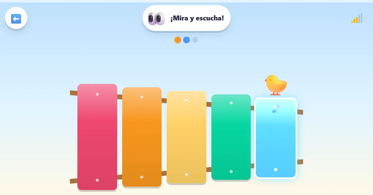 Captura de pantalla de Melodías del pollito, un juego para repetir melodías en un xilófono de colores